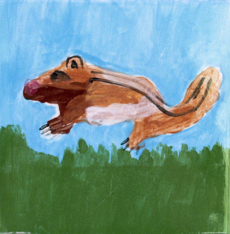 Painting of a chipmunk on green grass with a blue background.