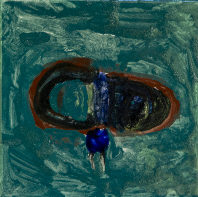 Painting of a butterfly with dark, rounded wings outlined in brown and a blue body.