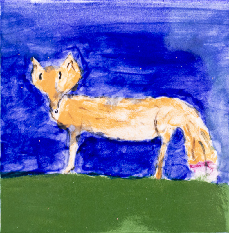 Painting of an orange fox standing on green grass under a dark blue sky.