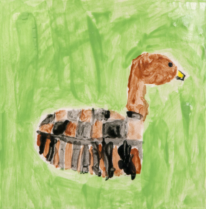 Painting of a brown and gray goose with a long neck and small yellow beak on a green background.