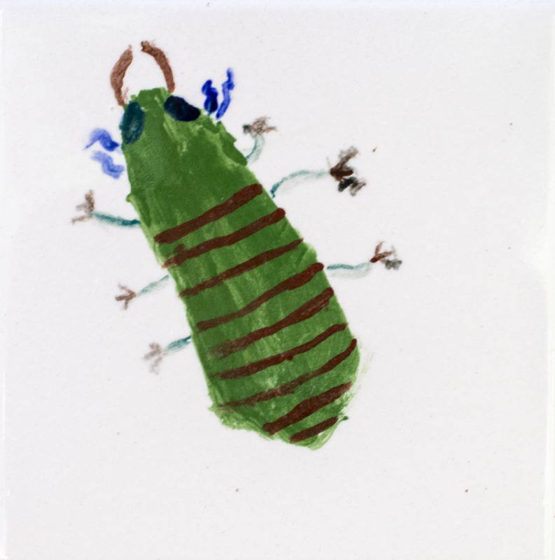 Painting of six-legged green insect with blue legs against white background.