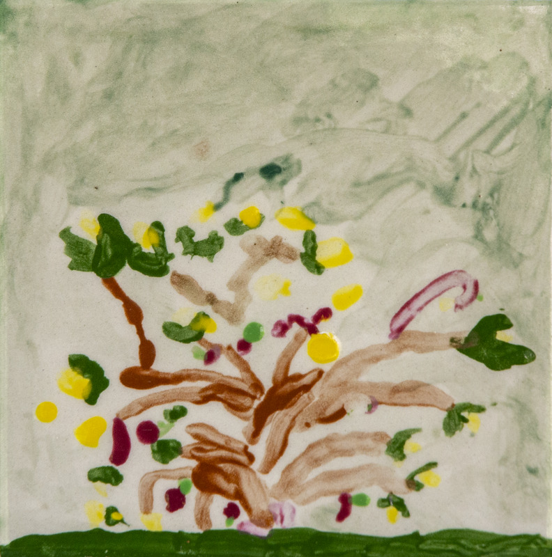 Painting of a bush with brown branches, green leaves, and small yellow and purple flowers on a light green background