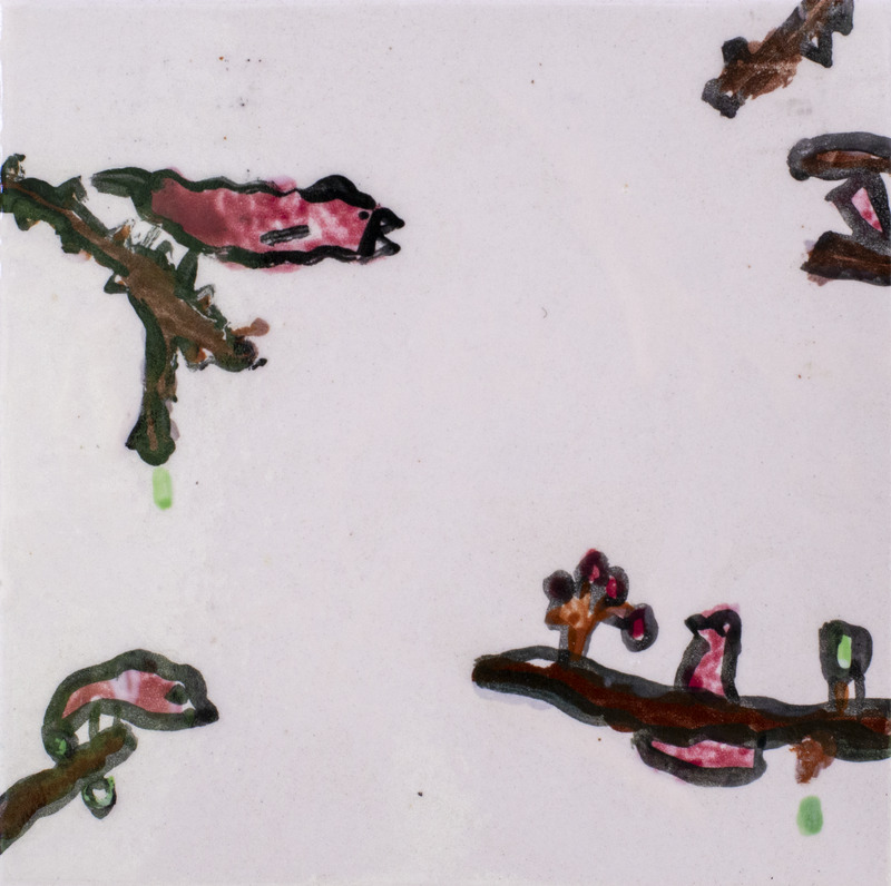 Painting of birds on brown branches.