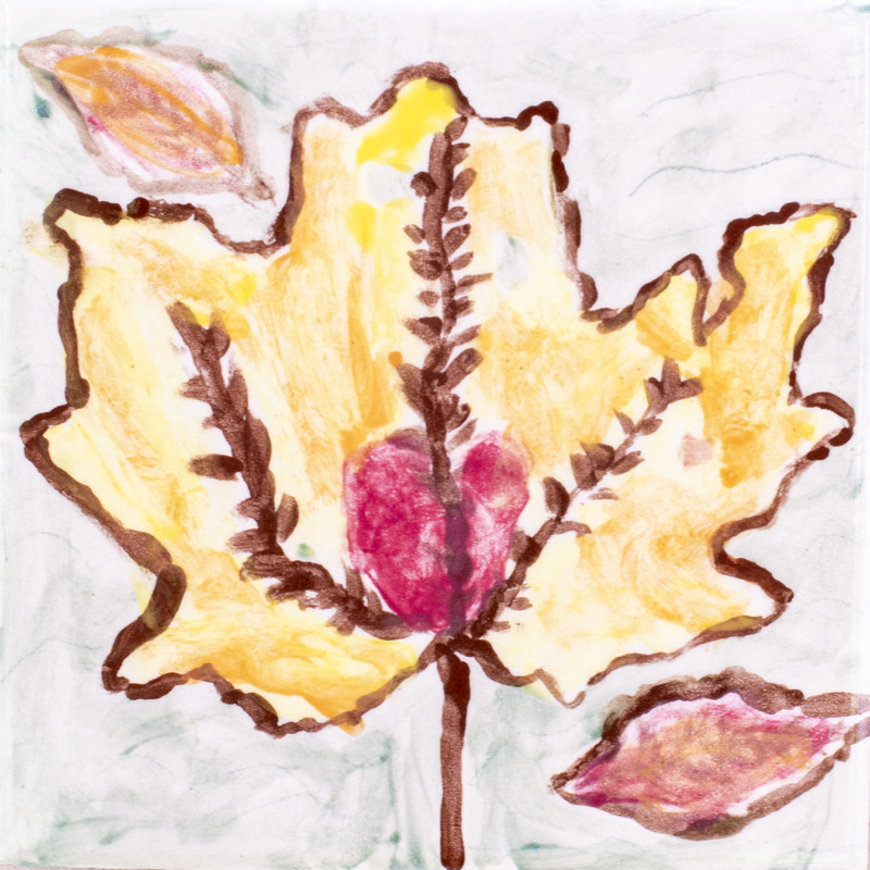 Painting of a yellow maple leaf with leaves surrounding it.