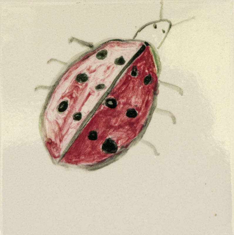 Painting of a red ladybug with black spots on a light background.