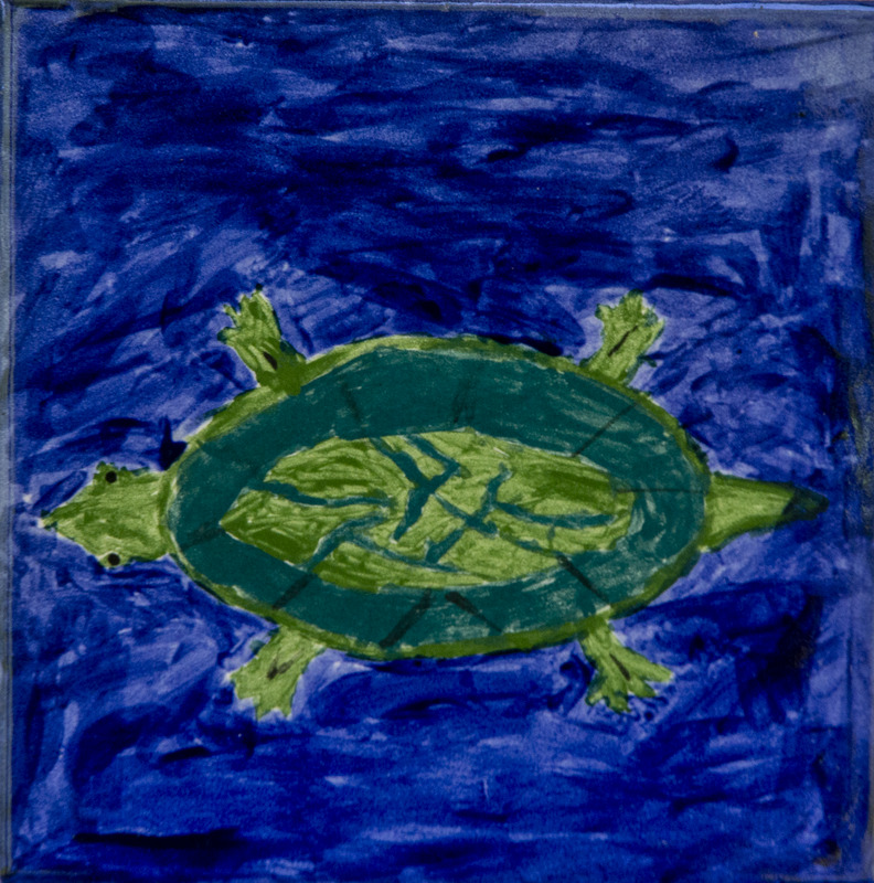 Painting of a green turtle viewed from above, swimming in dark blue water with an oval shell and outstretched legs.