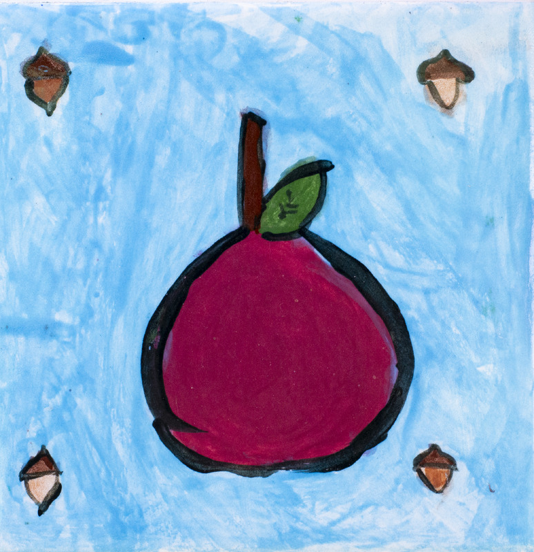 Painting of red apple surrounded by four acorns.