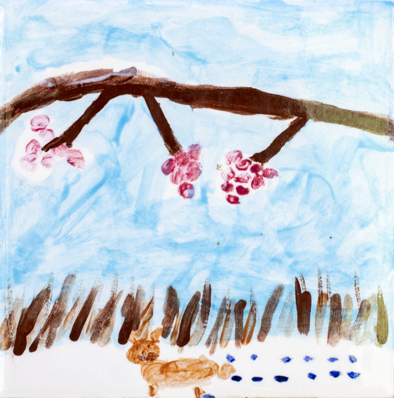 Painting of brown rabbit standing in snow under branch with red berries against blue background.