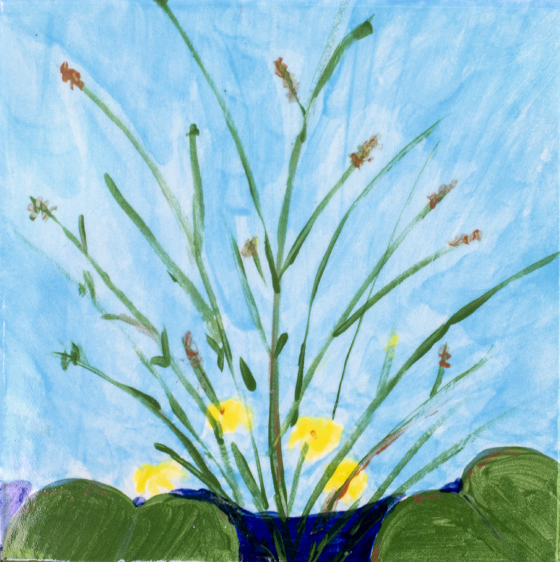 Painting of pond plants with a blue background.