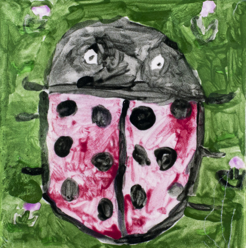 Painting of red ladybug in grass with purple flowers.
