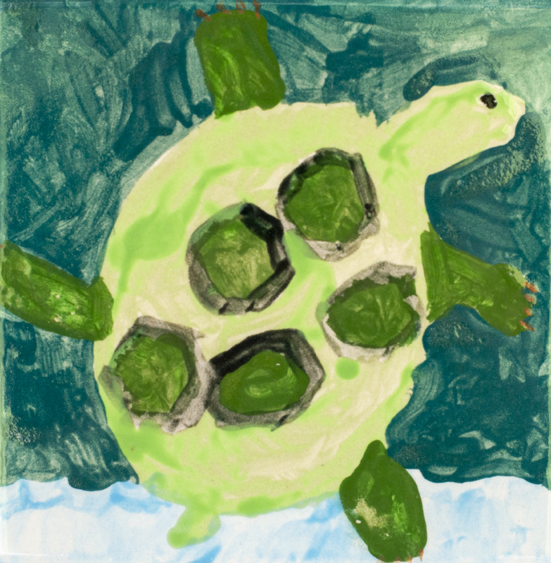 Painting of a light green turtle with dark green spots and limbs over a green and blue background.