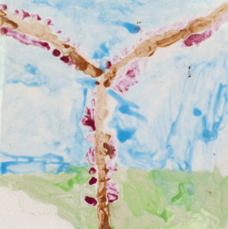 Painting of a brown branch growing red berries in front of a blue sky.
