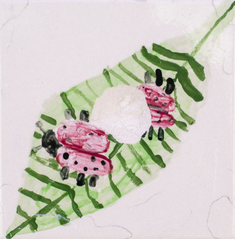 Painting of ladybird beetles on a leaf.