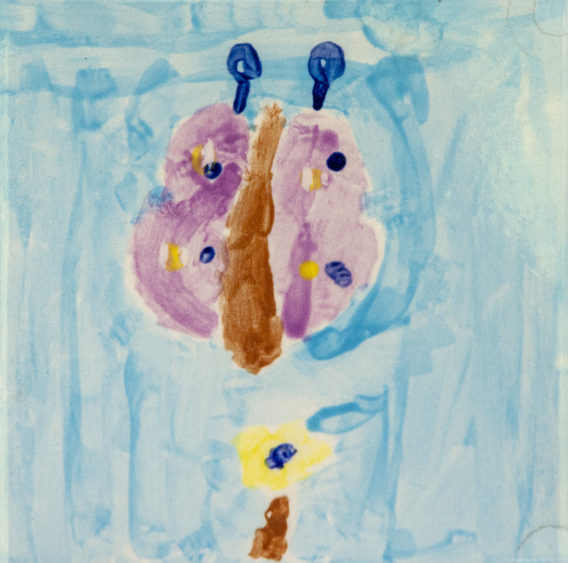 Painting of a butterfly with a brown body, blue antennae, and purple wings with yellow and blue spots, flying above a yellow flower, set against a light blue background.