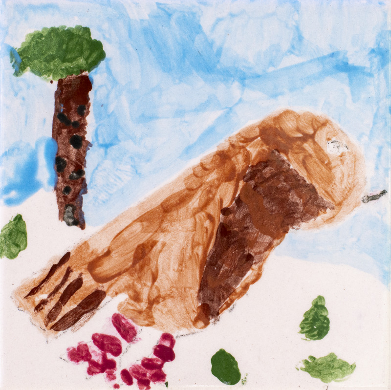 Painting of brown bird with red feed sitting in snow with tree in back against blue sky.