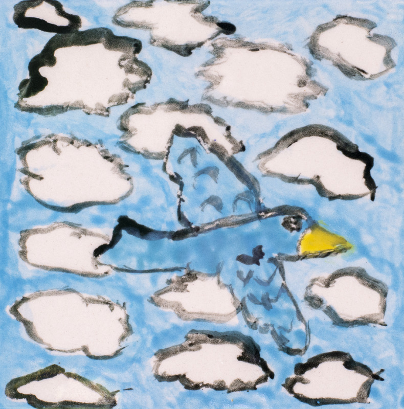 Painting of a bluebird soaring in the clouds with a blue background.