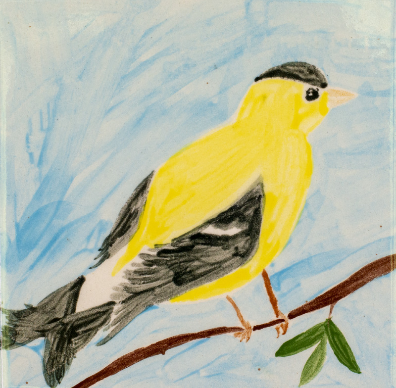 Painting of a yellow goldfinch with some black feather sitting on a branch with a blue sky.