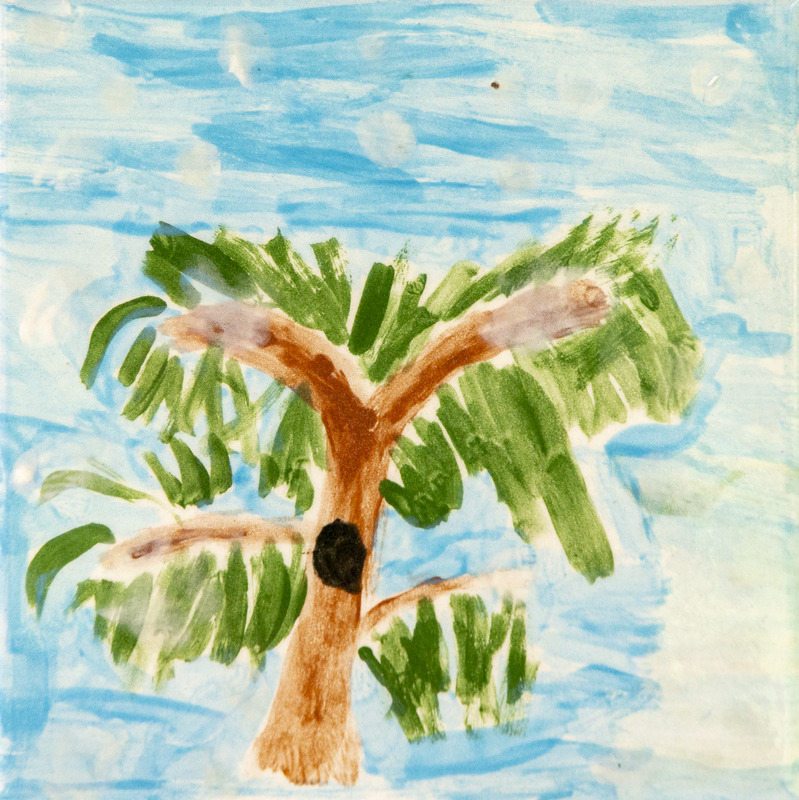 Painting of a brown tree with branches and green leaves and snow on its limbs against a blue sky.