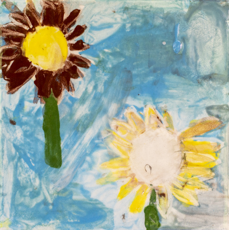 Painting of a yellow flower with a white middle and a yellow flower with a brown middle, over a blue background.
