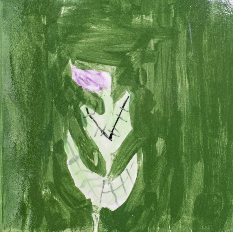 Painting of a blooming, pink Siberian Squill flower in front of a green background.