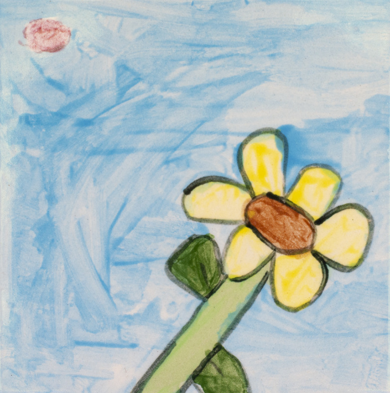 Painting of a yellow flower with a wide green stem in front of a light blue background.