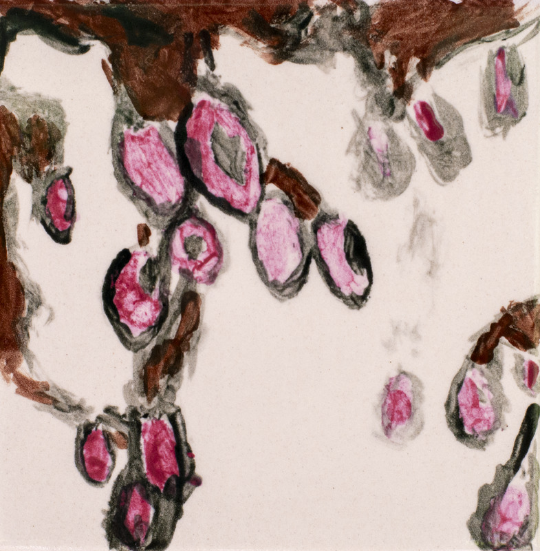 Painting of red berries coming down off of brown branches.