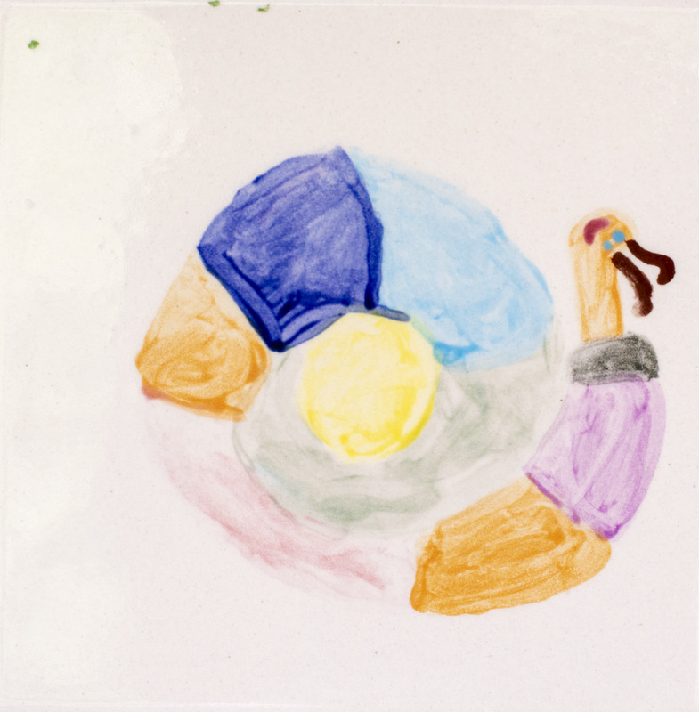Painting of an orange snail with a colorful shell, in front of a white background.