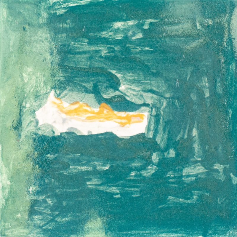 Painting of teal water with an orange and white detail.
