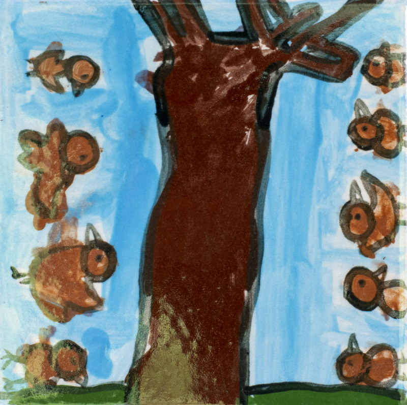 Painting of a dark brown tree trunk with nine brown birds next to it in front of a blue sky.
