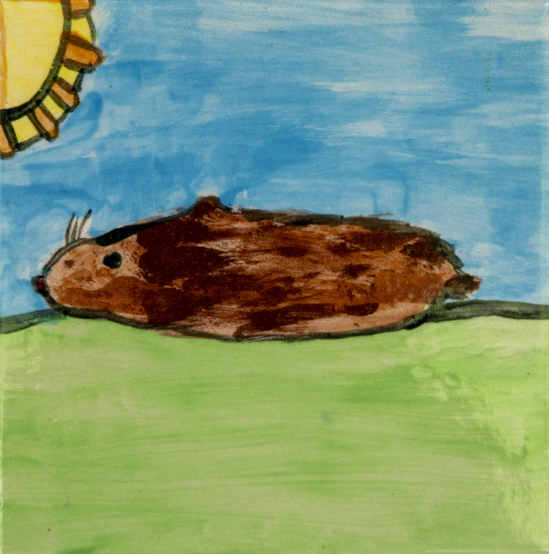 Painting of a brown animal lying on green grass under a blue sky with part of a sun in the corner.
