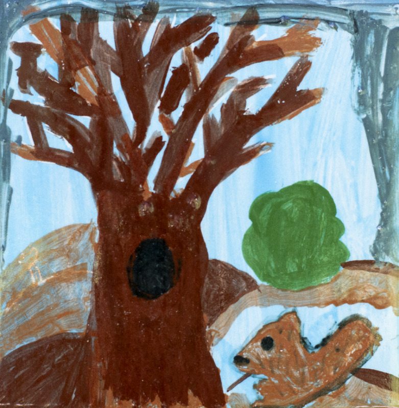 Painting of squirrel sitting under tree with blue sky.