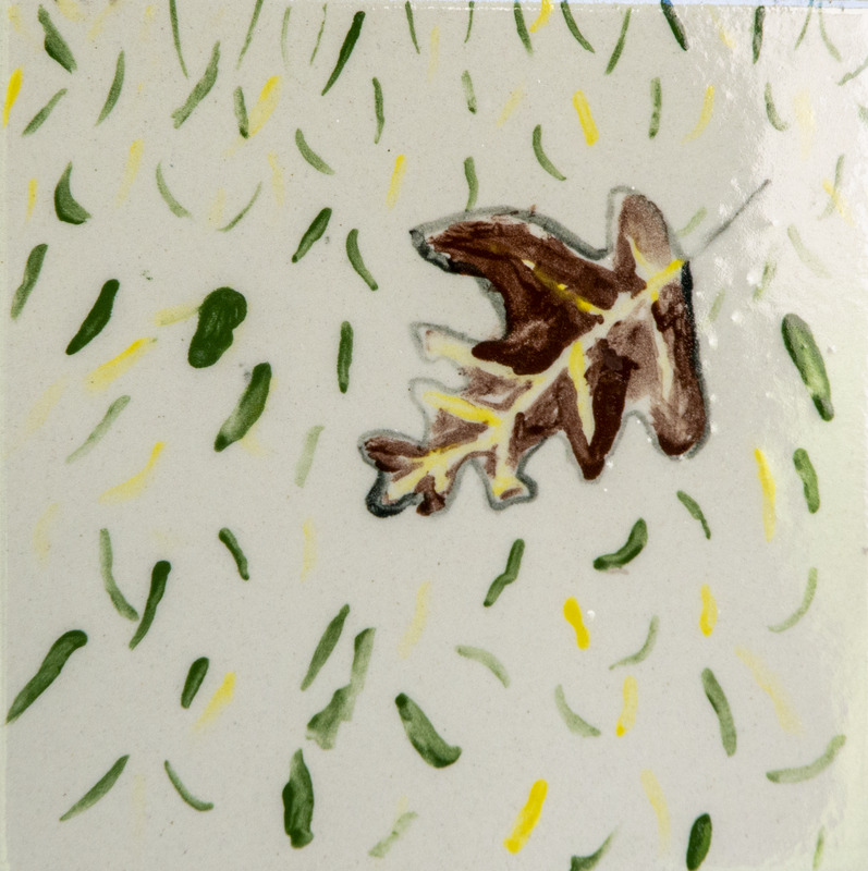 Painting of a brown leaf lying on green and yellow grass.