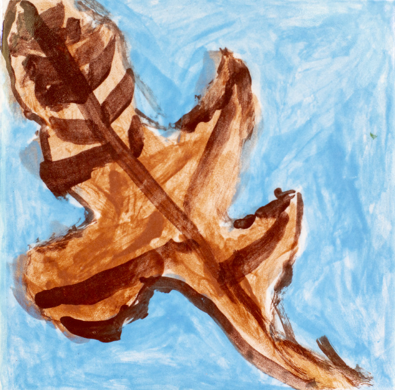 Painting of an orange and brown oak leaf over a blue background.