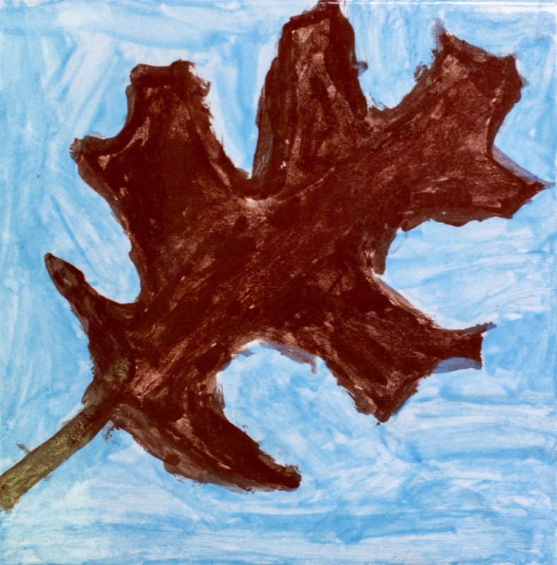 Painting of an auburn oak leaf in front of a blue background.