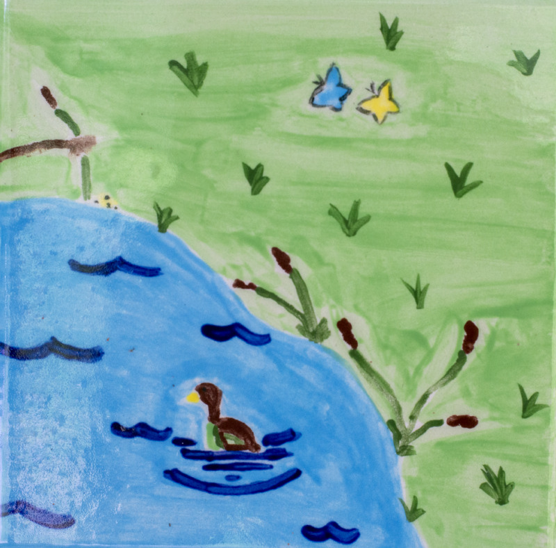 Painting of a pond scene with a duck in the water and butterflies flying around in the background.