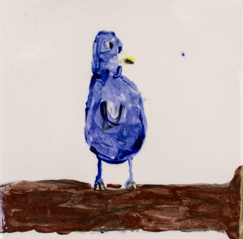 Painting of a bluebird on a branch.