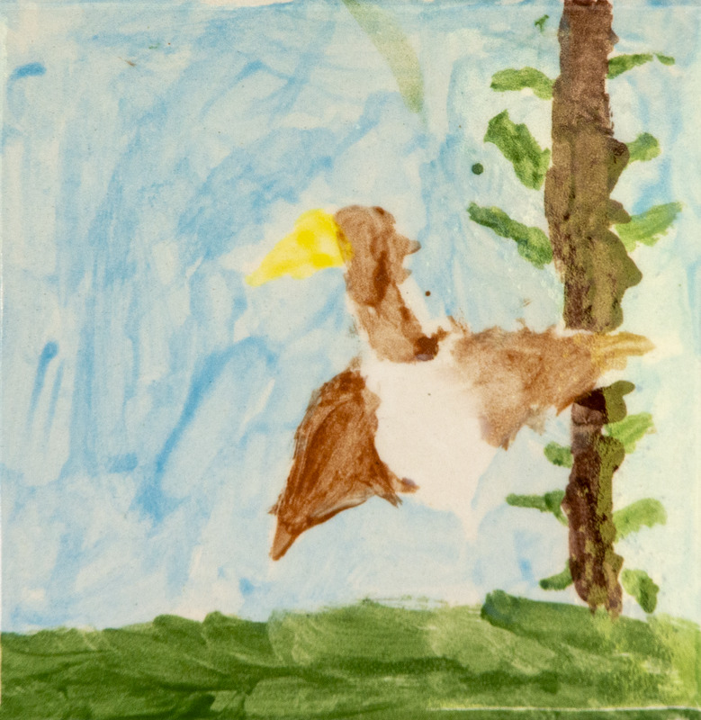 Painting of a brown bird with a yellow beak flying near a tall tree, with blue sky and green ground in the background.