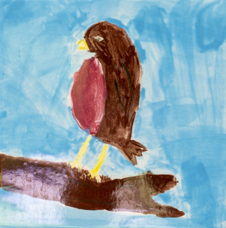 Painting of a robin sitting on a branch in front of a blue sky.