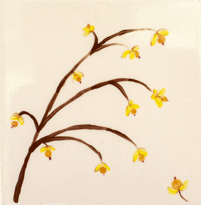 Painting of yellow bittersweet flowers with brown stems over a cream colored background.