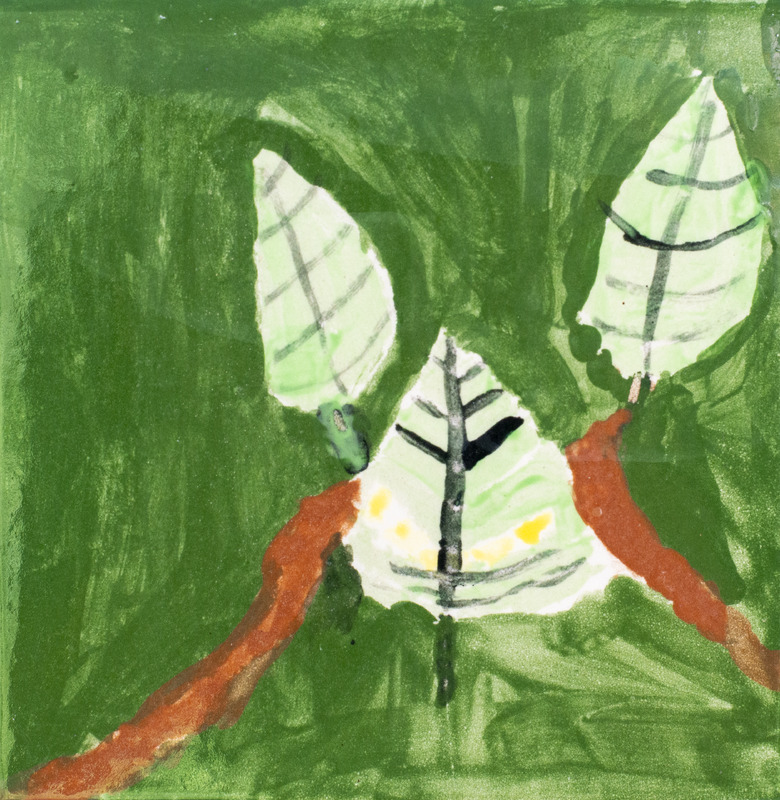 Painting of three green leaves on brown branches against dark green background.