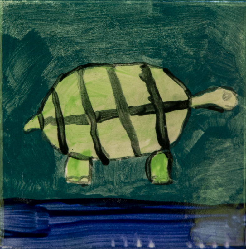 Painting of a green turtle with dark stripes, short legs, and a long neck, standing against a dark green and blue background.