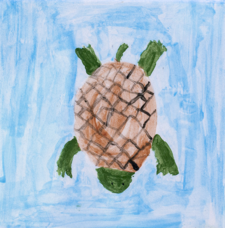 Painting of a turtle with a brown patterned shell and green head and legs against a light blue background.