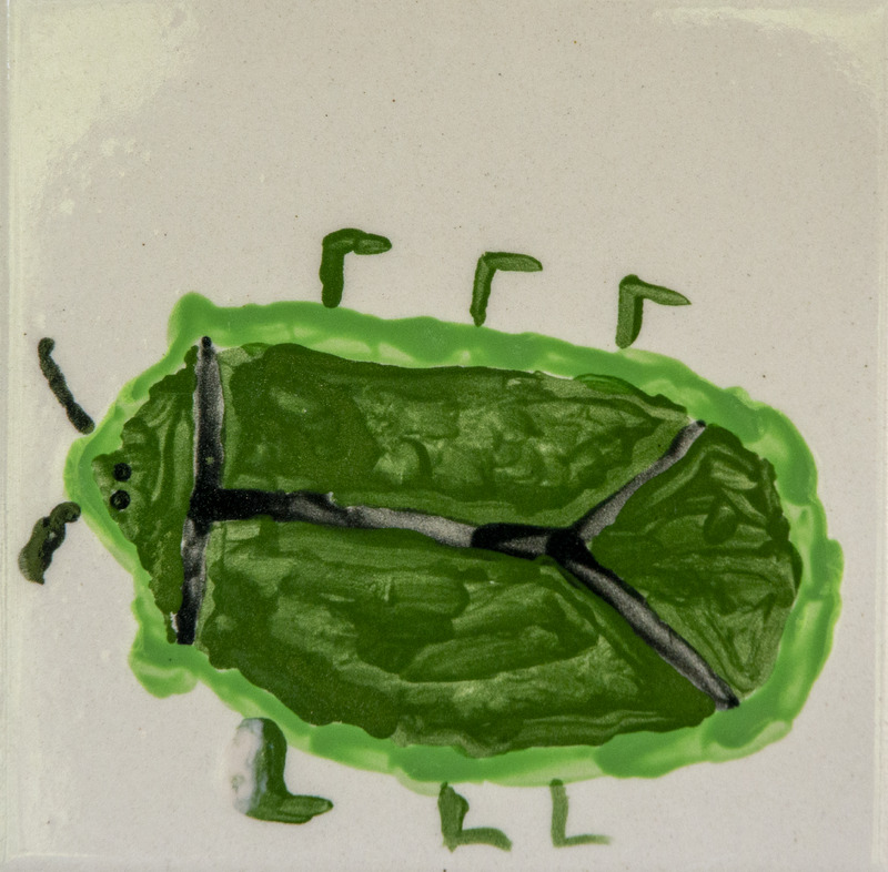 Painting of a green shield bug with a rounded body, black markings down the center, small legs, and antennae.