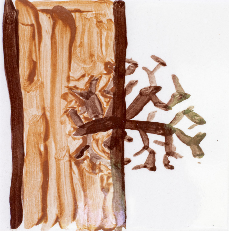 Painting of a brown tree trunk with a branch growing from the middle.