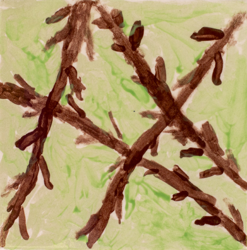 Painting of barren tree branches in front of a green background.