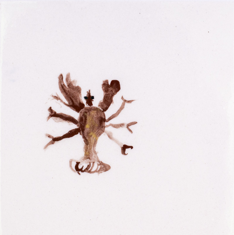 Painting of brown crayfish against white background.