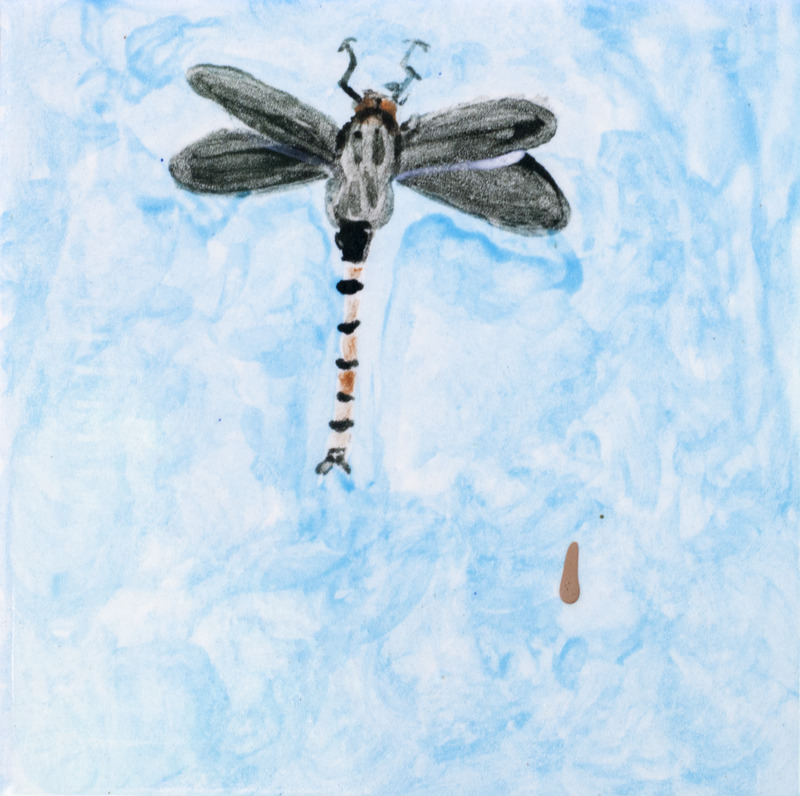 Painting of black dragonfly against blue background.