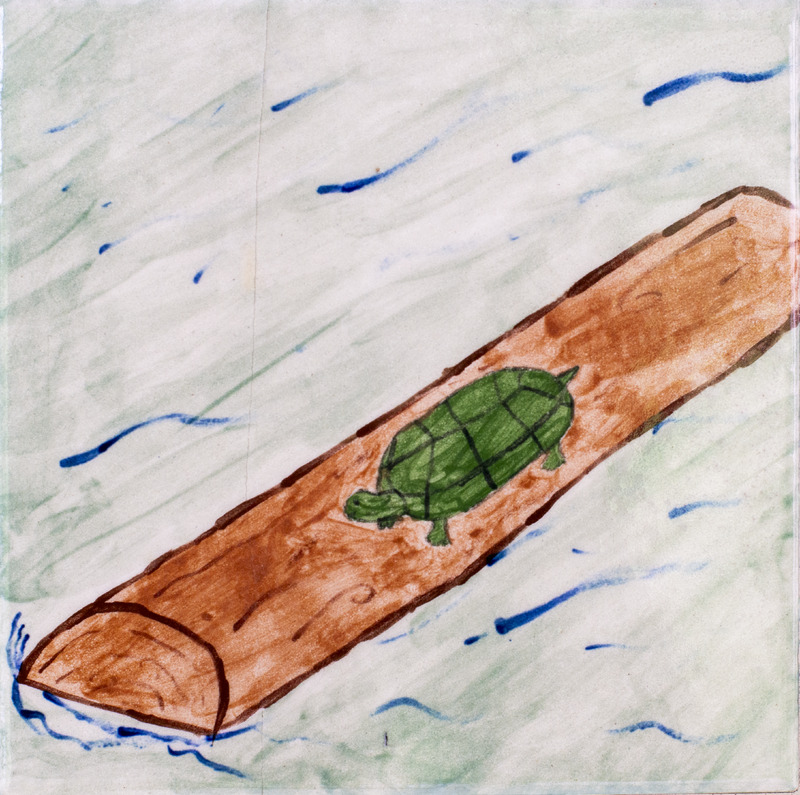 Painting of a green turtle resting on a brown tree branch floating in water.