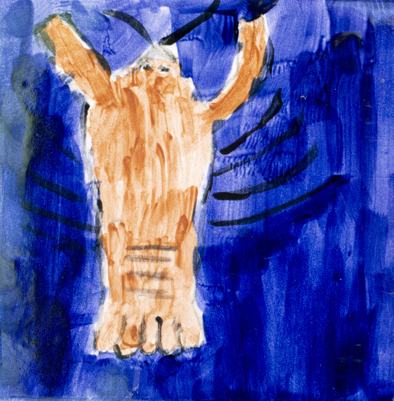 Painting of a brown crayfish in the water.