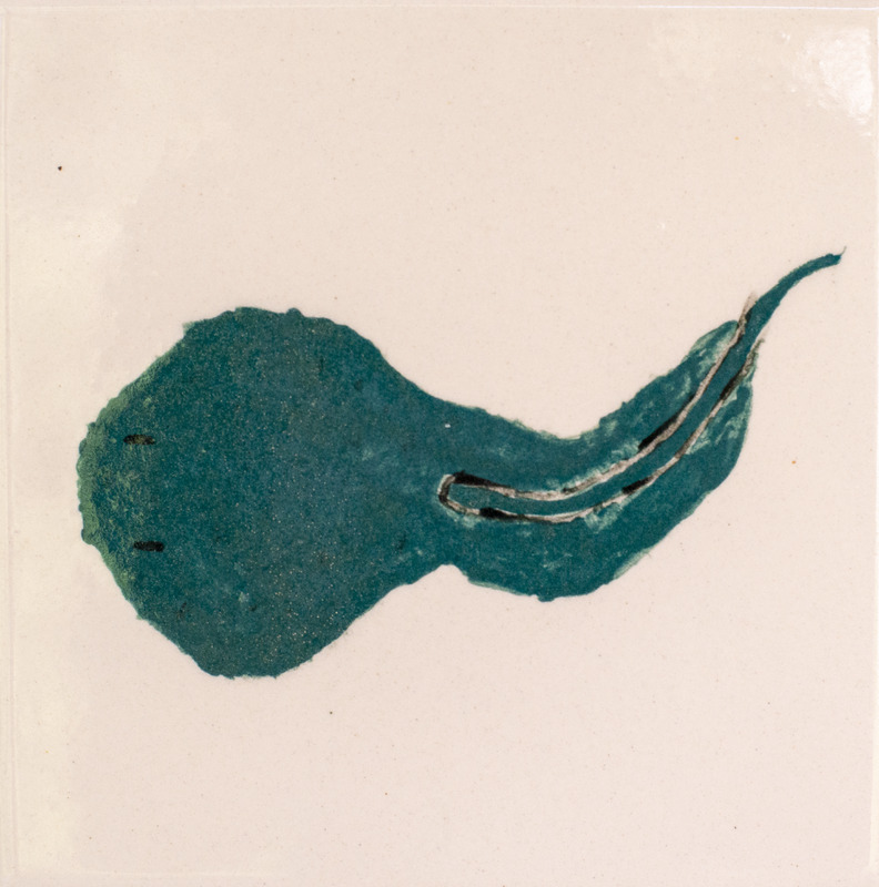 Painting of a dark green tadpole over a light pink background.